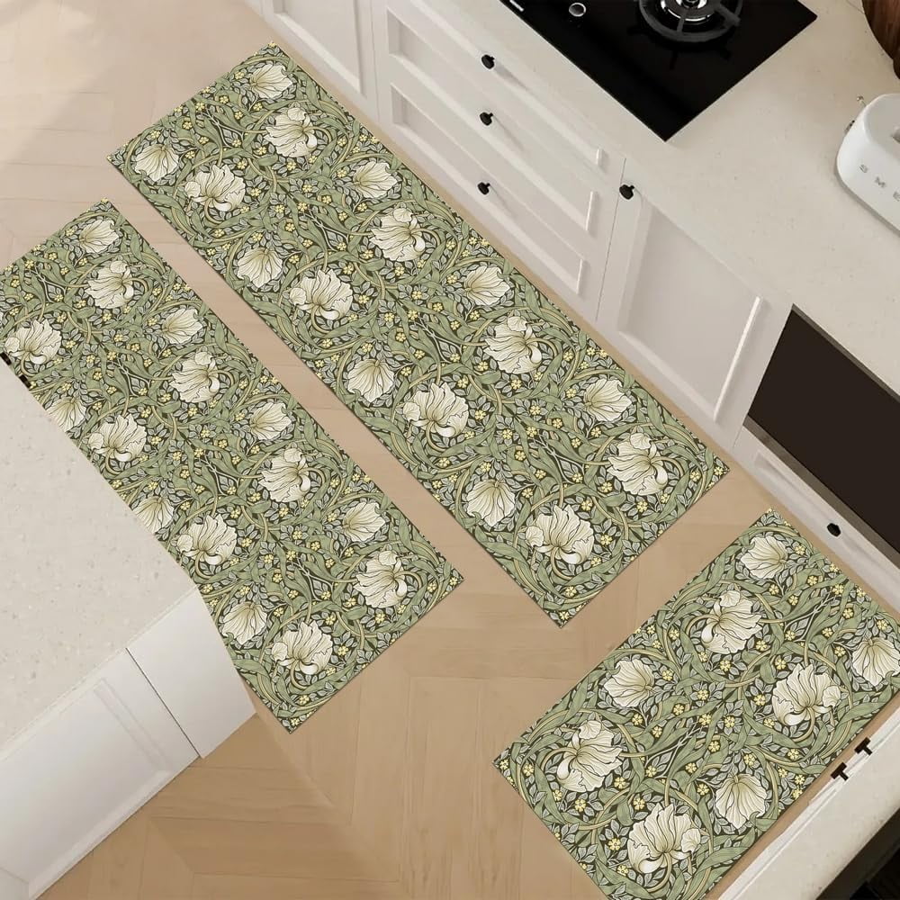 William Morris Vintage Floral Kitchen Rugs Sets of 3,Non Slip Rubber Kitchen Mats for Floor Farmhouse Washable Kitchen Area Rugs Floor Carpet Runners for Hallway Laundry Room,Sage Green/Yellow