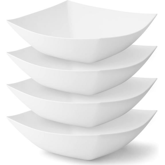 White Plastic Serving Bowls for Party (32oz - 4 Pack) Square Bowls, Disposable Chip Bowls, Candy Bowls for Party Table, Salad & Fruit Bowls for Party, Candy Containers for Candy Buffet