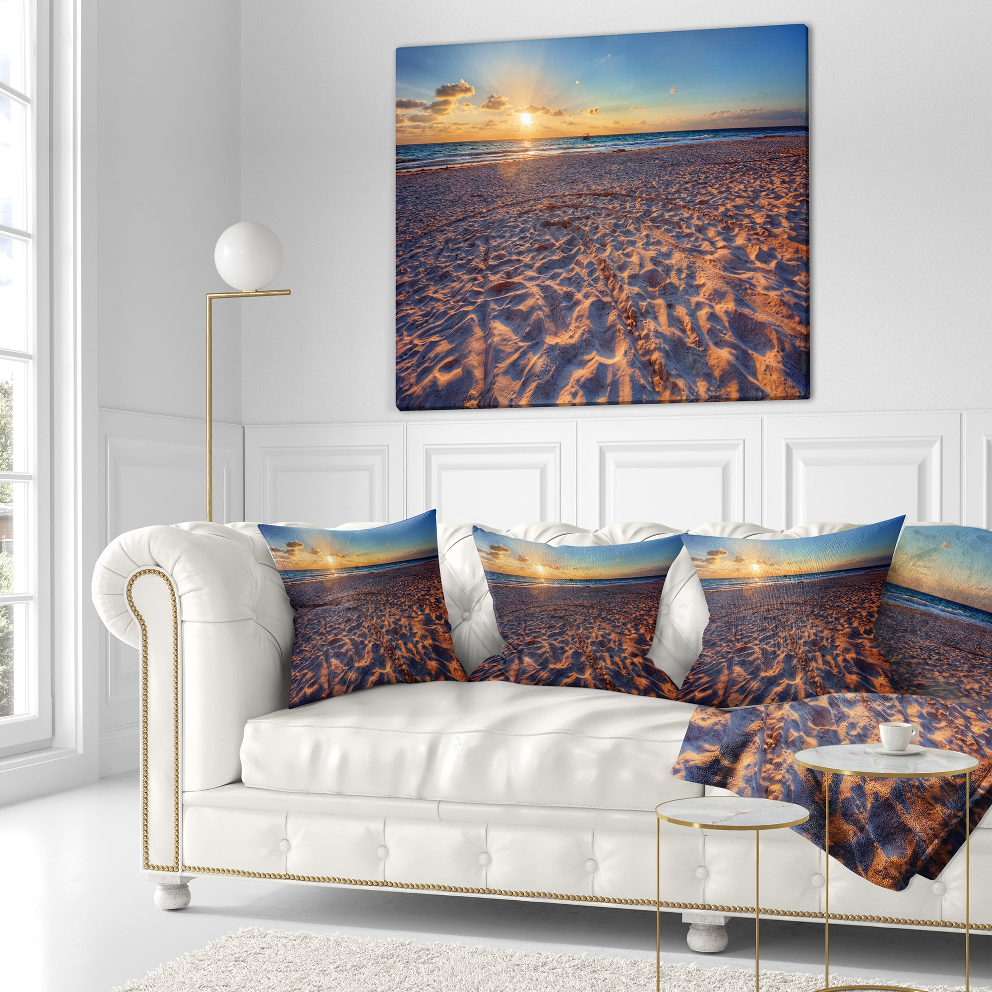 Designart Trodden Sandy Beach at Sunset - Seashore Throw Pillow - 18x18