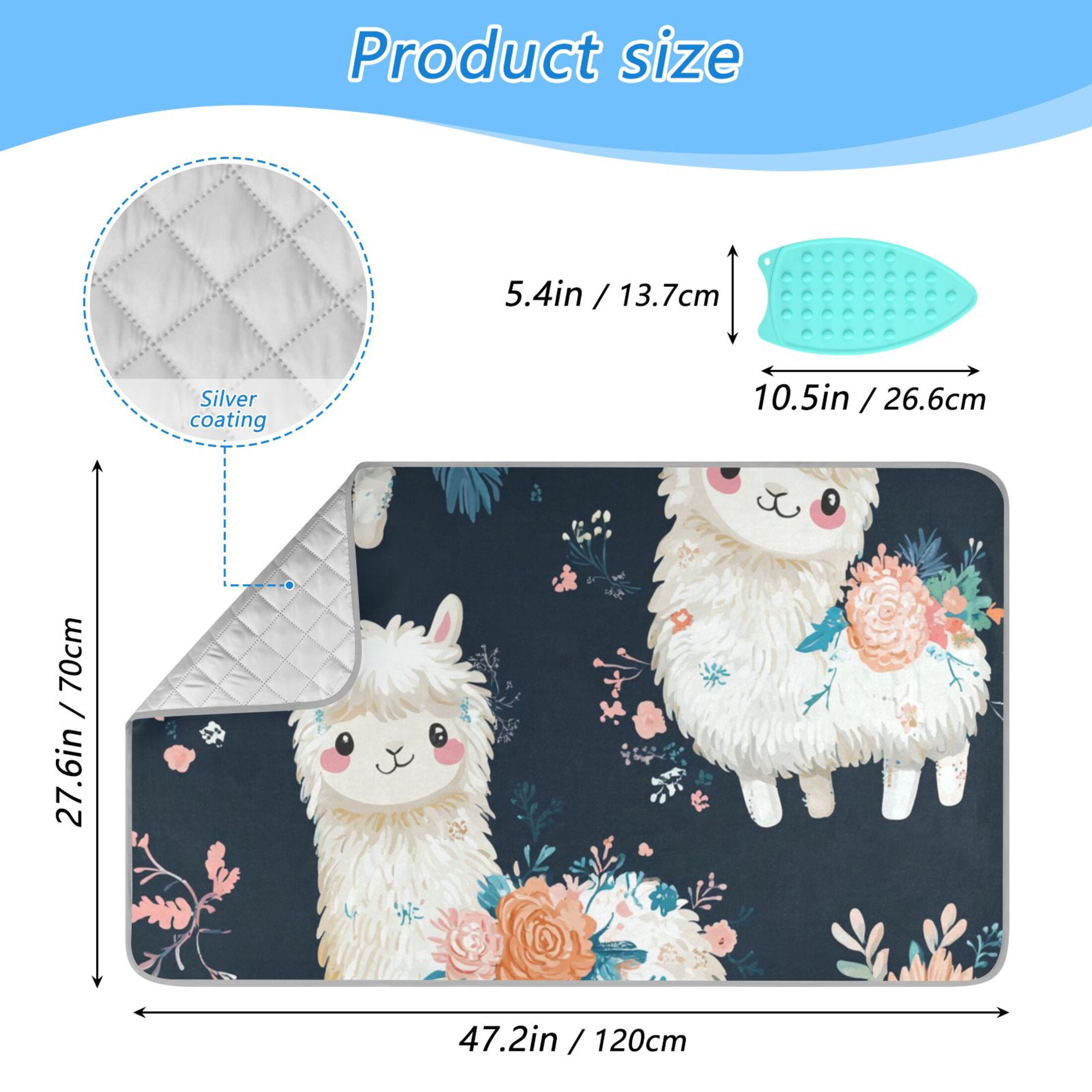 Cute Alpaca with Flowers on Back Ironing Mat Blanket Portable Travel Ironing Pad Heat Resistant Pad 47.2" x 27.6”