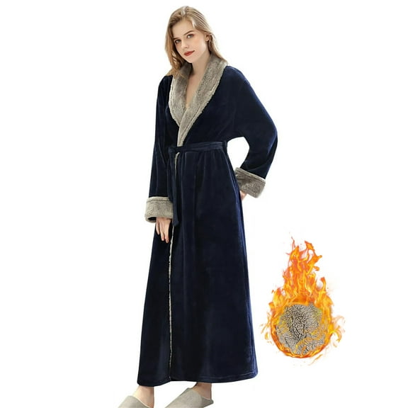 LOFIR Womens Fleece Robes Long Plush Soft Warm Flannel Spa Bathrobe for Women Ladies Sleepwear (Navy Blue)