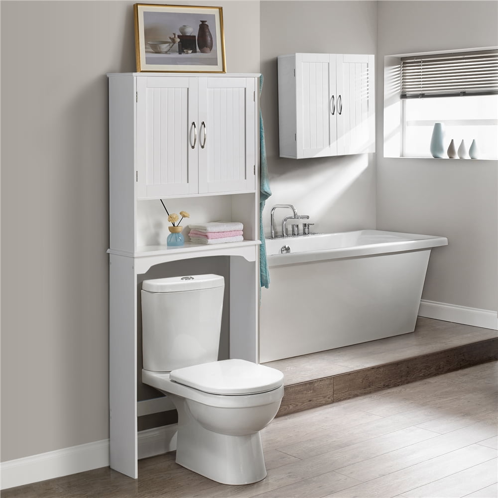 Alden Design 9" Width Wooden over The Toilet Bathroom Storage Cabinets with Door, White