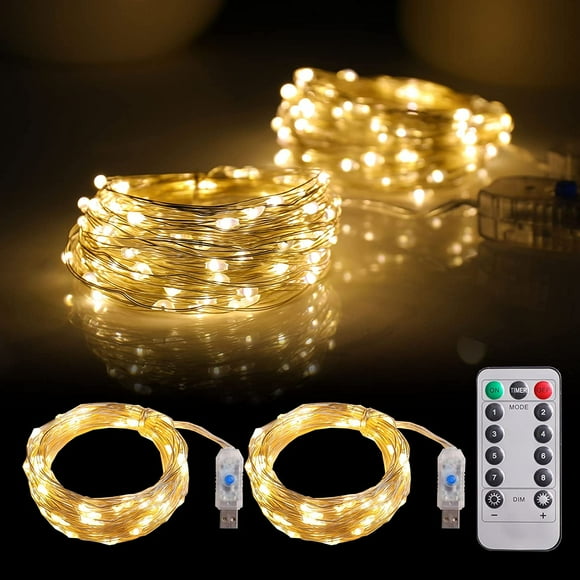 2 Pack Fairy Lights 100 LED 33 FT Christmas Lights USB Powered Silver Wire String Lights, Mini Lights with Remote Control (Warm White)