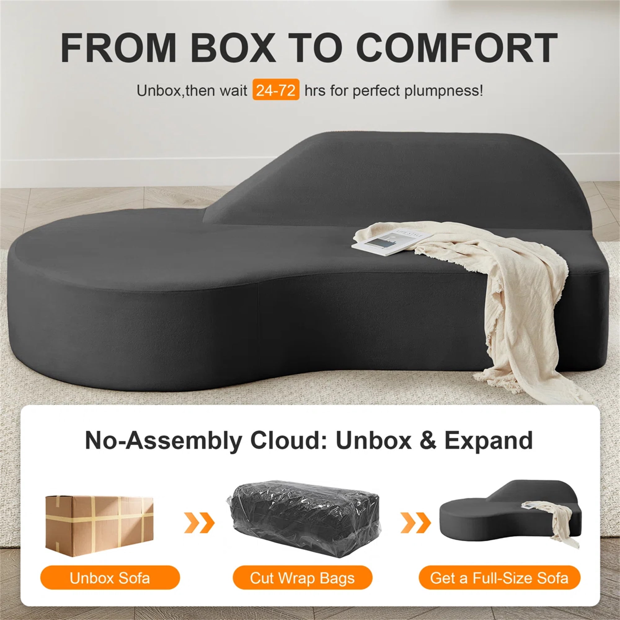 Aukfa 91" Comfy Cloud Sofa 3 Seat Boneless Couch for Living Room, Curved Design, No Assembly, Chenille, Gray