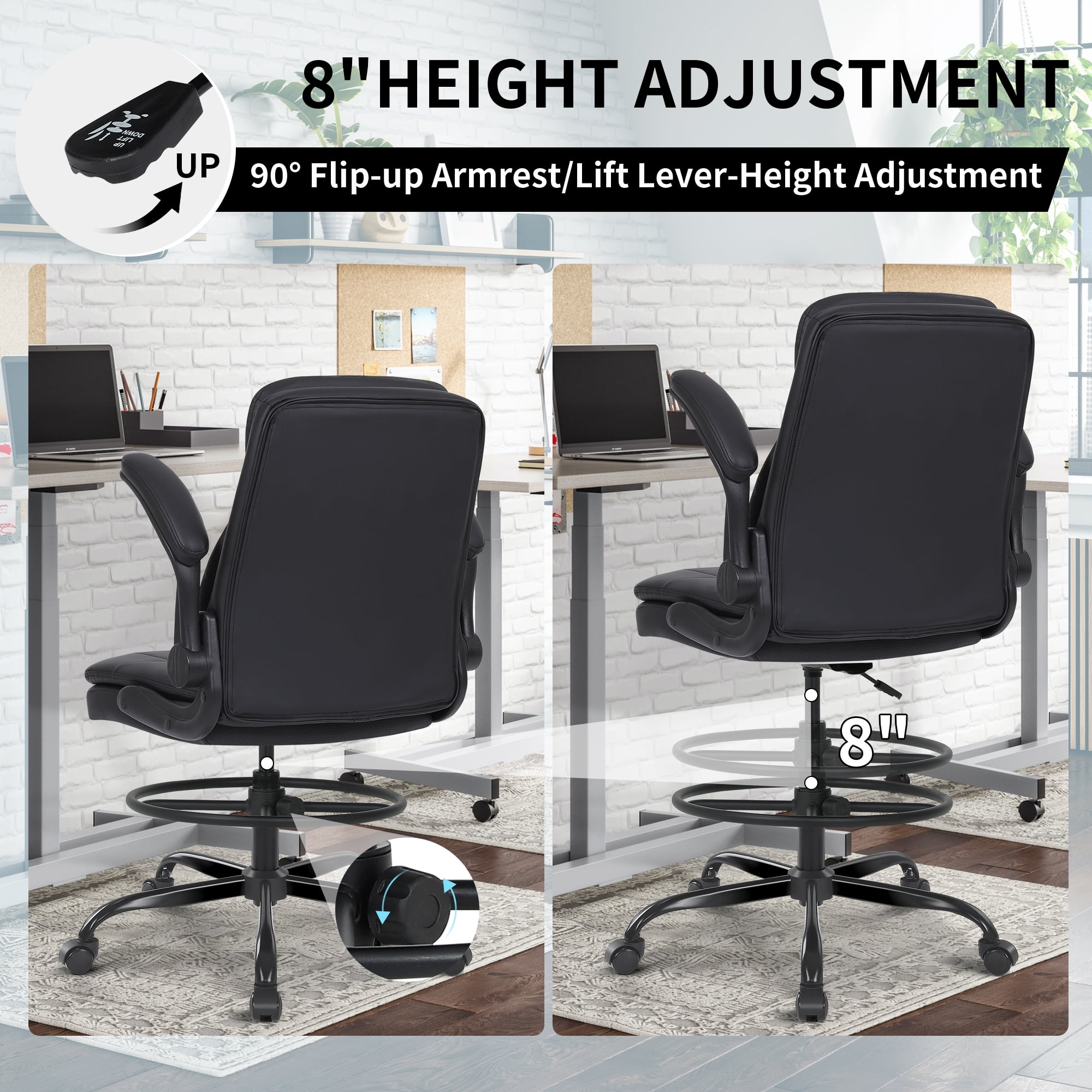 Misolant Tall Office Chair, Drafting Chair for Standing Desk, Executive Chair with Adjustable Height and Flip-up Armrest, Leather Drafting Chair, High Office Chair for Counter Height Desk
