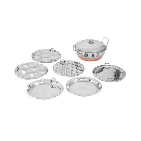 Stainless Steel Idli Cooker Multi Kadai Steamer With Copper Bottom   6 Plates - Silver, Big Size | 2 Idli Plates  1 Mini Idli  2 Dhokla Plates  1 Patra - Gas & Induction Base - Multi Purpose Steamer
