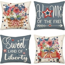 Sweet Land of Liberty 4th of July American Decorative Throw Pillow Cover 20x20 Inch Set of 4 Navy Red Stars and Stripes Truck Flower Farmhouse Holiday Independence Day Cushion Case for Home