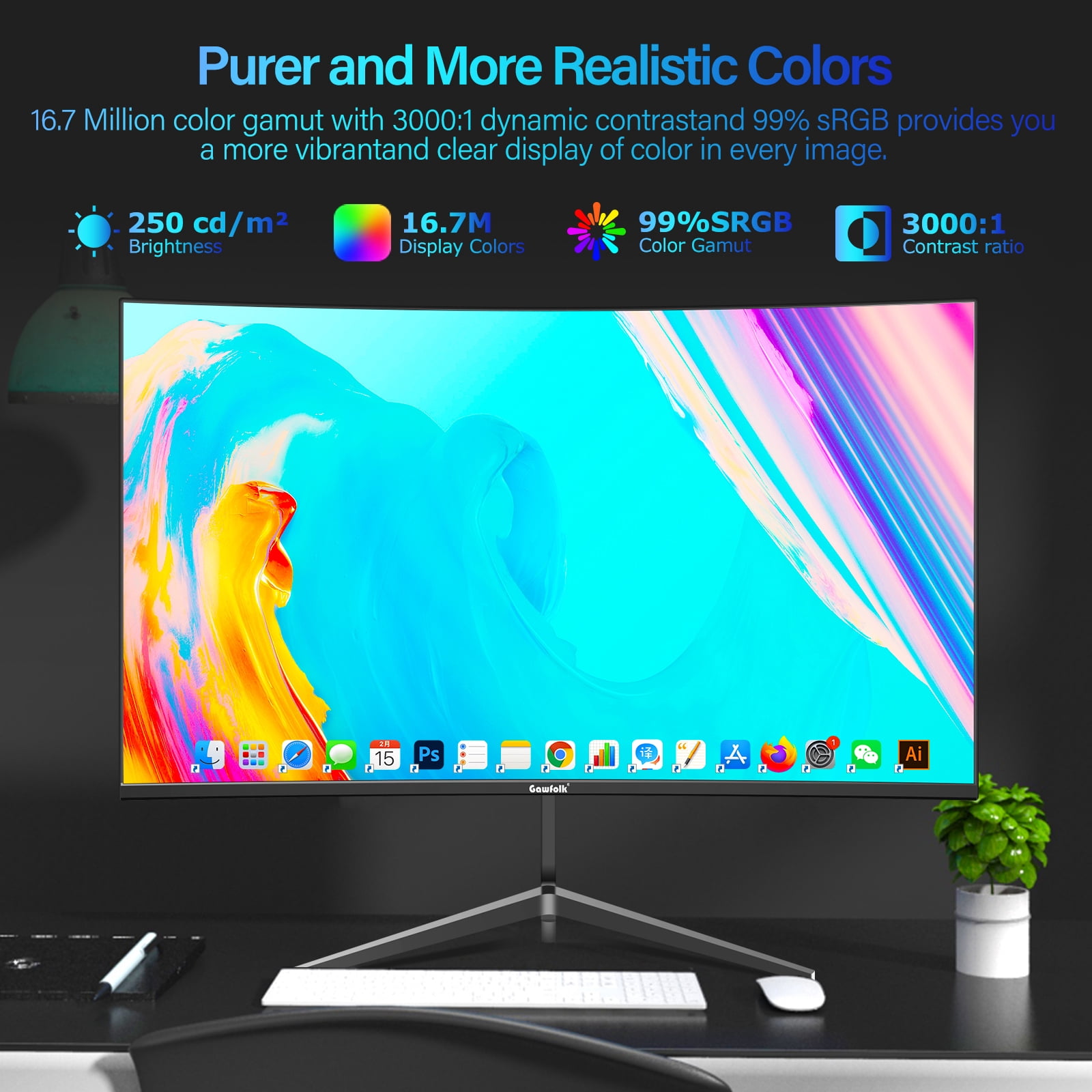 Gawfolk 24-Inch Curved Gaming Monitor 120Hz Full HD 1080P Built-In Speakers Tilt Adjustable