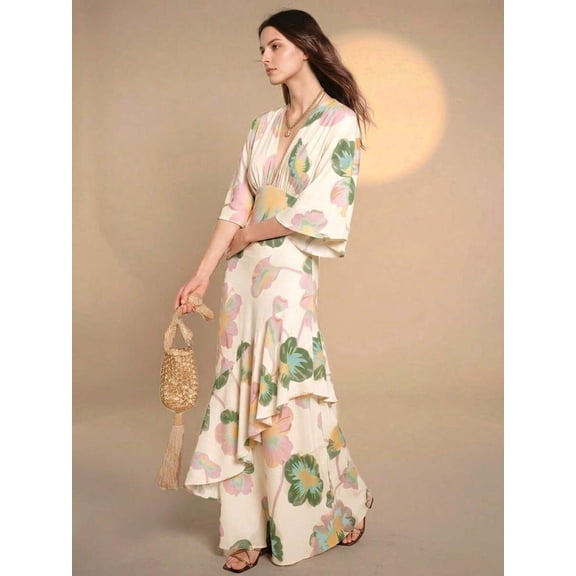 Floral Print Wrap Maxi Dress With Ruffle Hem In Pink