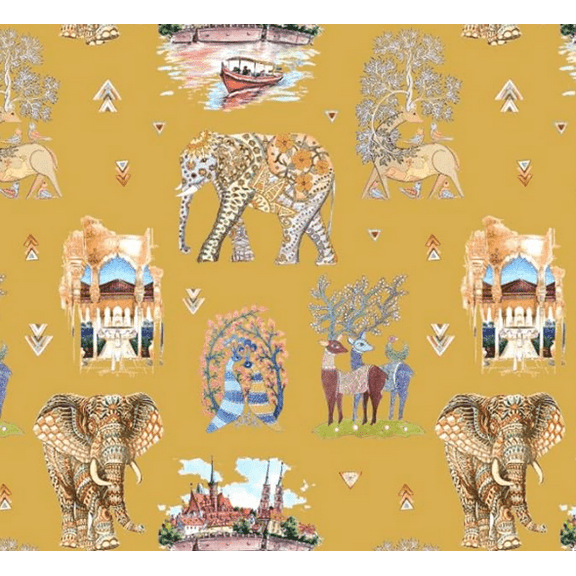 Decora Furnishings Bohemian Design with Animals Microfiber Fabric, 54-Inch Width, Goldenrod