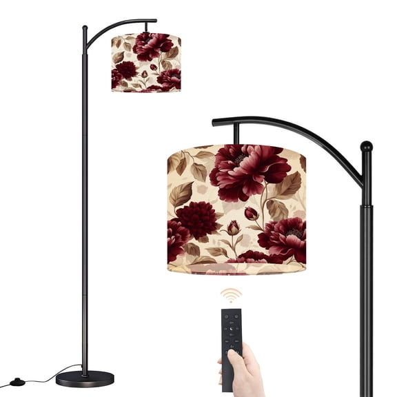 Arc Floor Lamp with Adjustable Lampshade Elegant Burgundy Floral Peonies Leaves Standing Lamp 3 Color Temperatures Dimmable Tall Pole Lamp with Foot Switch for Bedroom