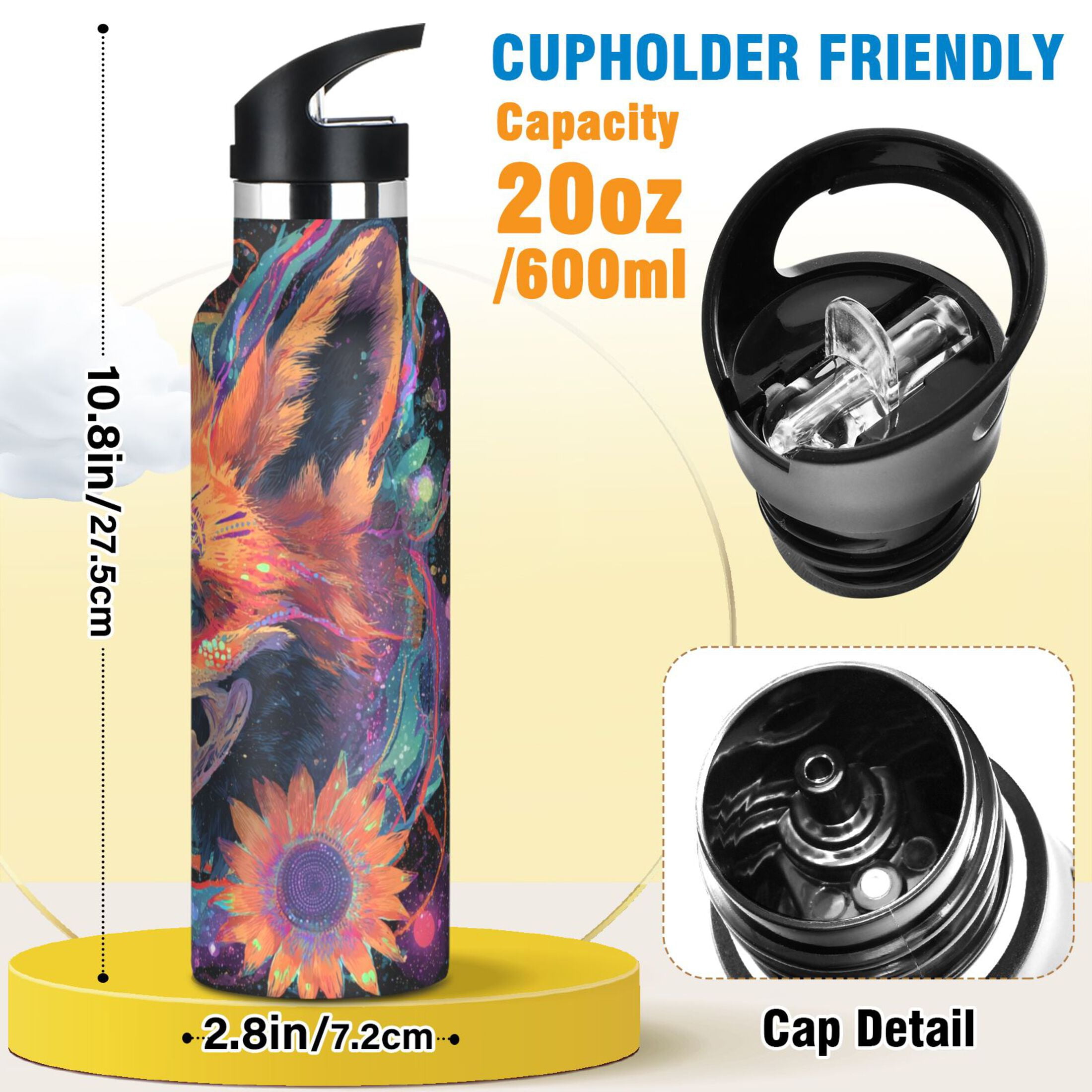 Kids Insulated Stainless Steel Sports Water Bottle 600ml (20oz) Fox Skull