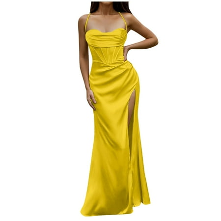 Womens Semi Formal Dresses Satin Corset Maxi Dress Strap Push Up Fishbone Ruched Evening Party Long Plus Size Semi Formal Dress Yellow S