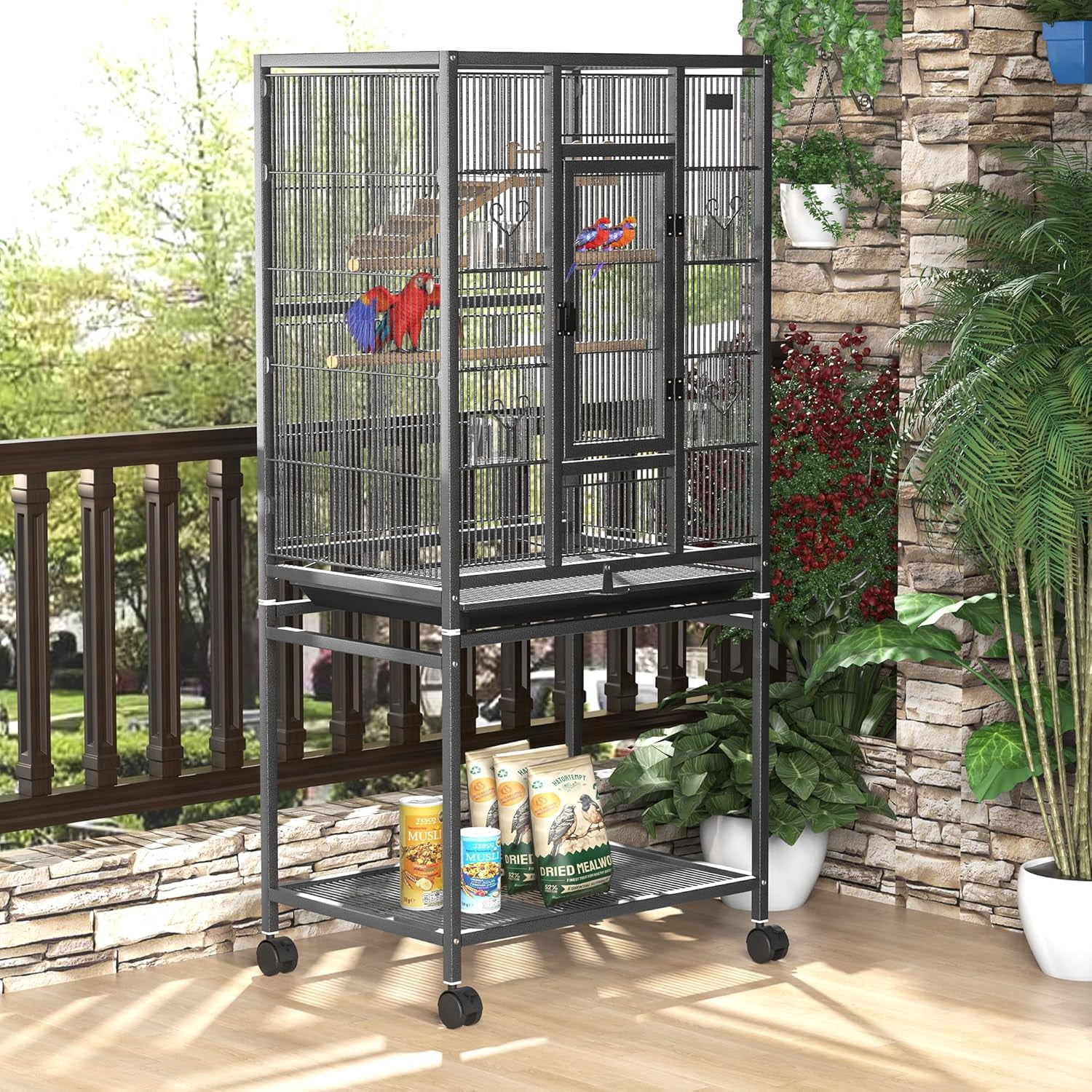 Timagebreze Large Bird Cage on Wheels with Slide-Out Tray,54" Wrought Iron Cage with Perches,Swing & Platform for Budgies,Cockatiels