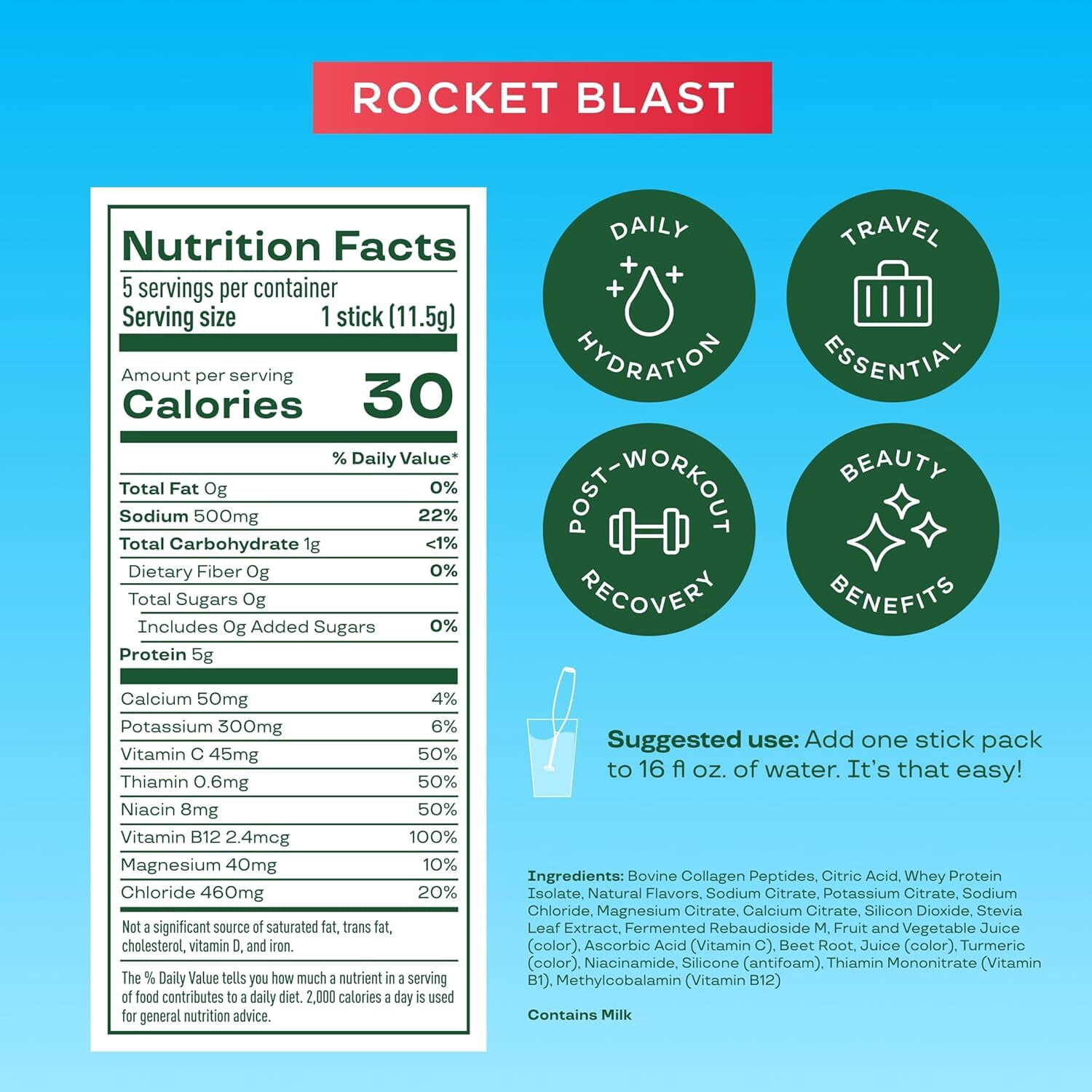 Bloom Nutrition Daily Hydration Electrolyte Drink Mix, Rocket Blast, 5 Count