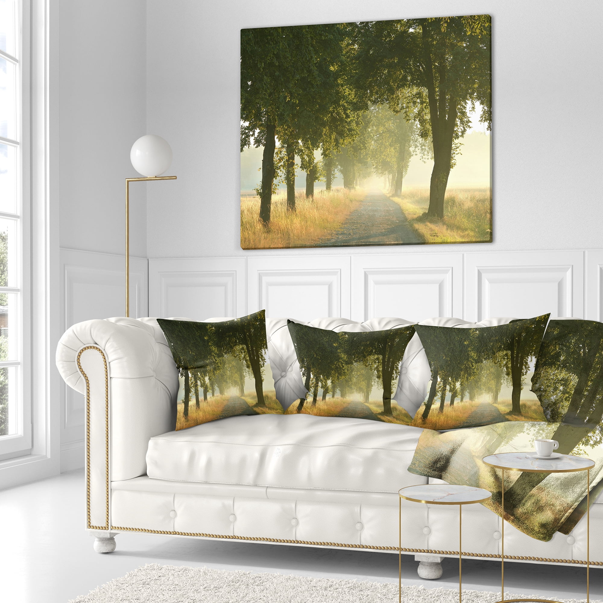 Designart Rural Road Under Big Green Trees - Landscape Photography Throw Pillow - 18x18