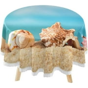 SKYSONIC Sandy Beach Seaside Round Tablecloth 60inch Indoor Wrinkle Free, Sea Shell Conch Circular Lace Table Cover Washable for Kitchen Party BBQ Dining Decor