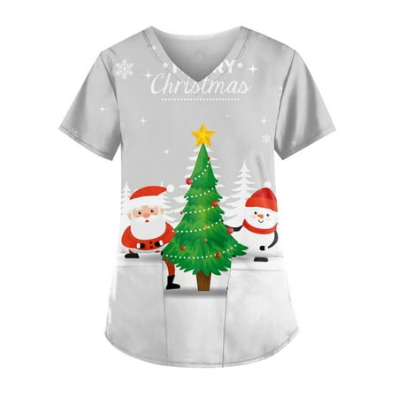 

Ovticza Christmas Scrub Top Women Tree with Pockets Xmas Short Sleeve V Neck Nursing Plus Size Print Women Scrubs Top Christmas Green 3XL