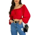thumbnail image 1 of VISgogo Blusas cortas con hombros descubiertos para mujer, manga larga, color sólido, con nudo en la espalda, camisetas fruncidas VISgogo  moda, 1 of 3