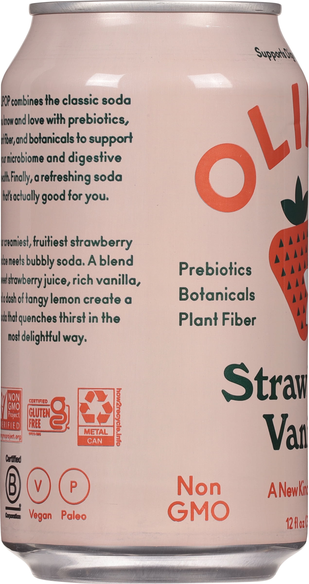 (12 pack) OLIPOP 6g Fiber Prebiotic Soda, Strawberry Vanilla, 12 fl oz, Single, Shelf Stable