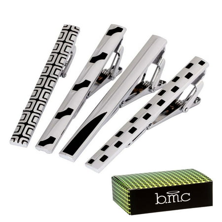 BMC 4pc Set Mens Metal Alloy Silver and Black Mix Design 2.2 Inch Tie Bar Clips