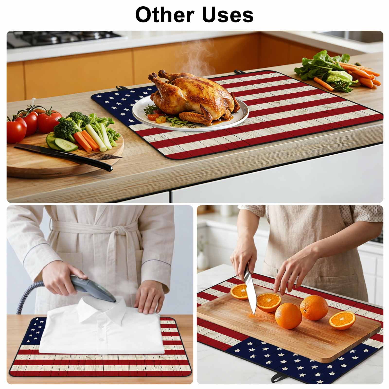 American Flag Stove Top Cover for Electric Stove, Heat-proof & Non Slip Glass Top Stove Cover Protector, Vintage Wooden Star Striped Red Blue Kitchen Flat Cooktop Rubber Mat 24x21 Inches