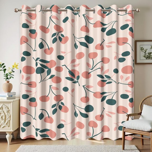 Pink Blackout Thermal Insulated Curtains For Summer Kids Girls Bedroom Living Room Decor, Cherry Fruit Leaves Top Grommet Window Curtain Treatments 26"W x 63"L (Pack of 2)