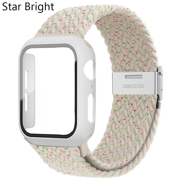 LEIXIUER Nylon Band for Apple Watch Bands with Case 45mm 41mm, Adjustable Braided Solo Loop with Glass Screen Protector Case ,Soft Wristband Stretch Nylon Elastic Strap for Apple Watch Series 7 45 mm