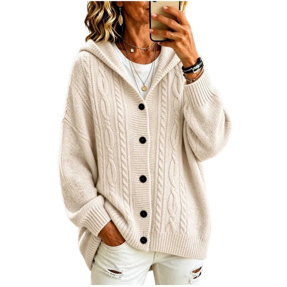 Rrxhxhs Cardigan for Women Solid Color Cable Knit Button Front Long Sleeve Loose Casual Hooded Sweater Cover Up
