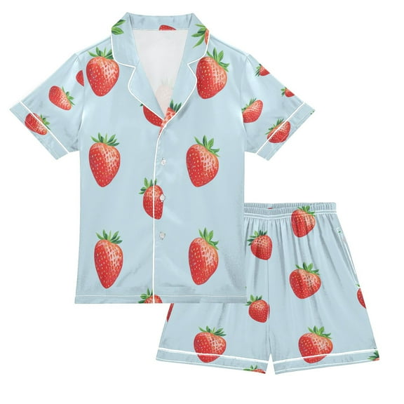 Silky Satin Kids' Pajama Set Breathable & Smooth Unisex Button-Down Pajamas Strawberry
