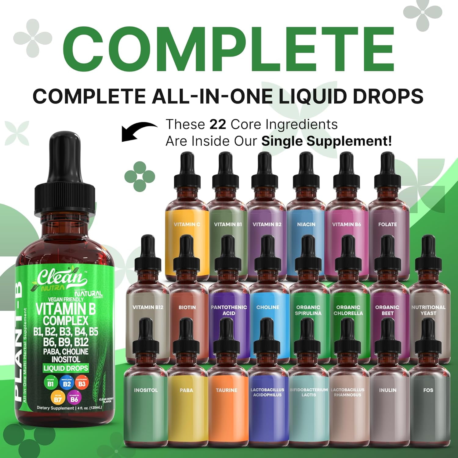Vitamin B Complex Liquid Drops | Thiamine B1, B6, B2, B3, B4, B5, B7 B9, B12, Niacinamide, Paba, Choline Inositol Taurine Probiotics Beet Root Spirulina - Plant-B Vitamin Supplements by Clean Nutra