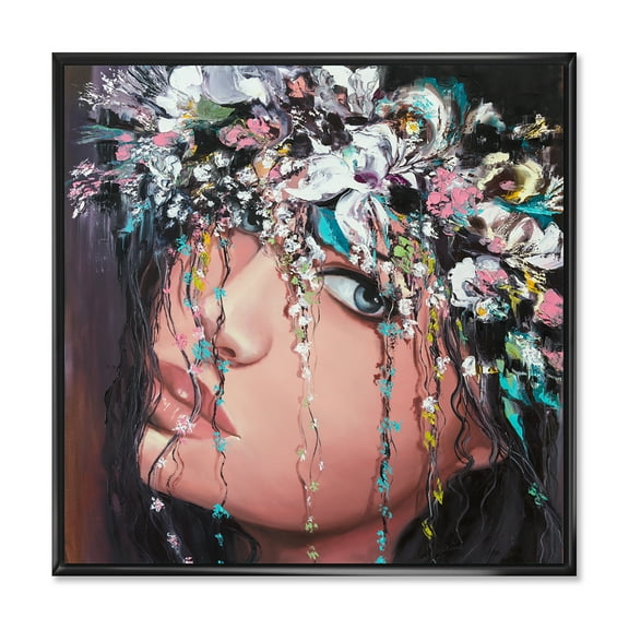 Designart 'Portrait Of A Young Woman With Flowers II' Modern Framed Canvas Wall Art Print