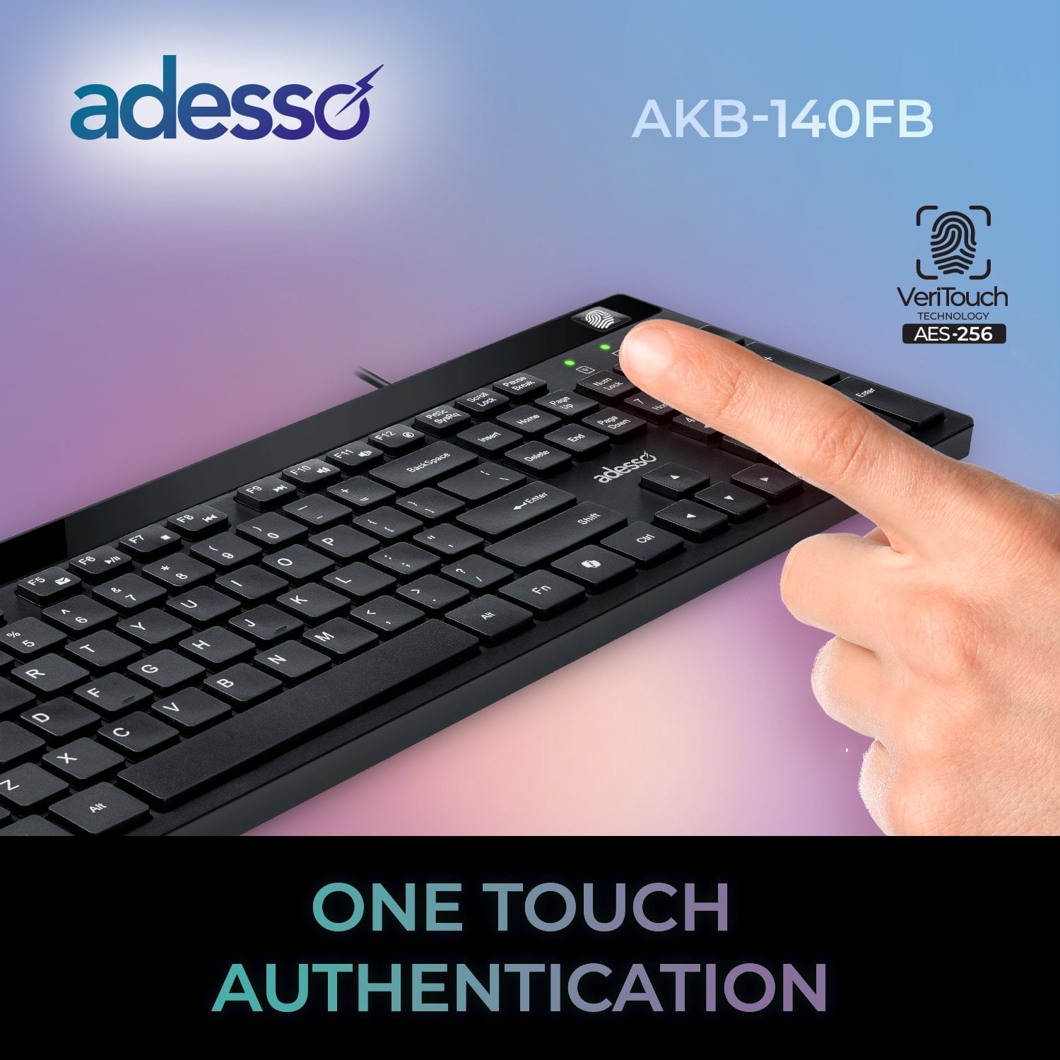 Adesso AKB-140FB Keyboard - Cable Connectivity - USB Type A, USB Type C Interface - 104 Key(s) - My Computer, Back, Forward, Search, Email, CoPilot, Play/Pause, Stop, Previous Track, Next Track, Vo...