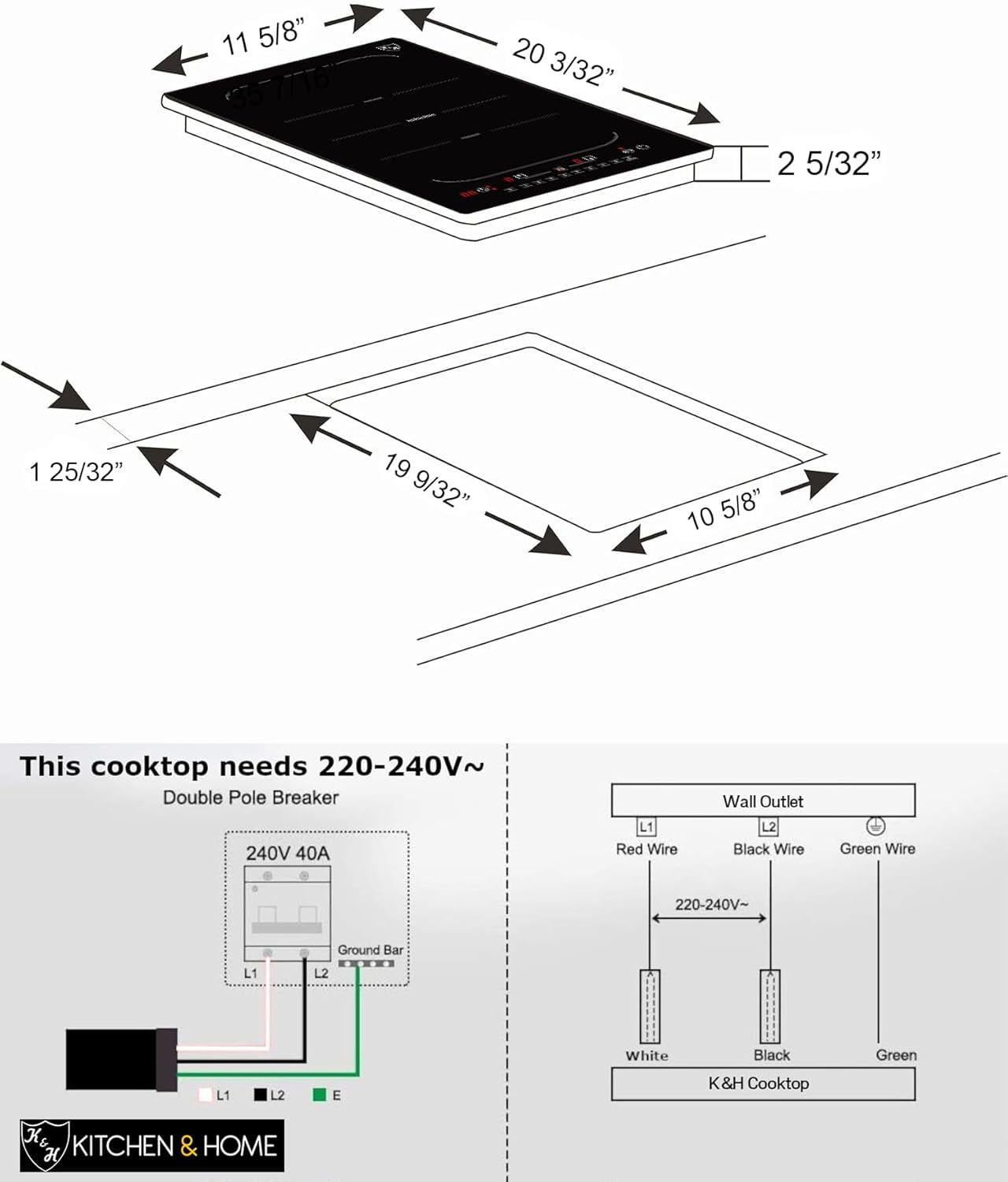 K&H 2 Burner 12 Inch Built-in Induction FLEX BURNER Electric Stove Top Ceramic Cooktop 240V 3100W INDV-38FX