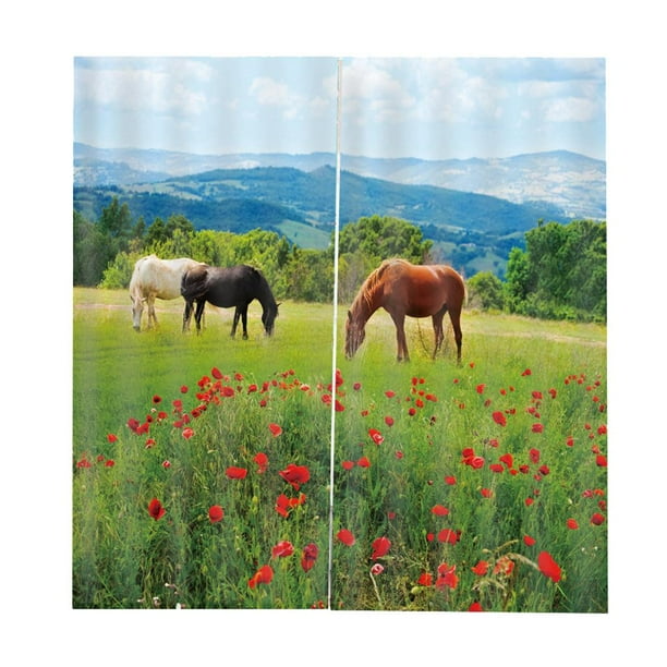 2x cortina con ojales, bufanda, cinta con volantes, bufanda decorativa, cortina opaca Caballos