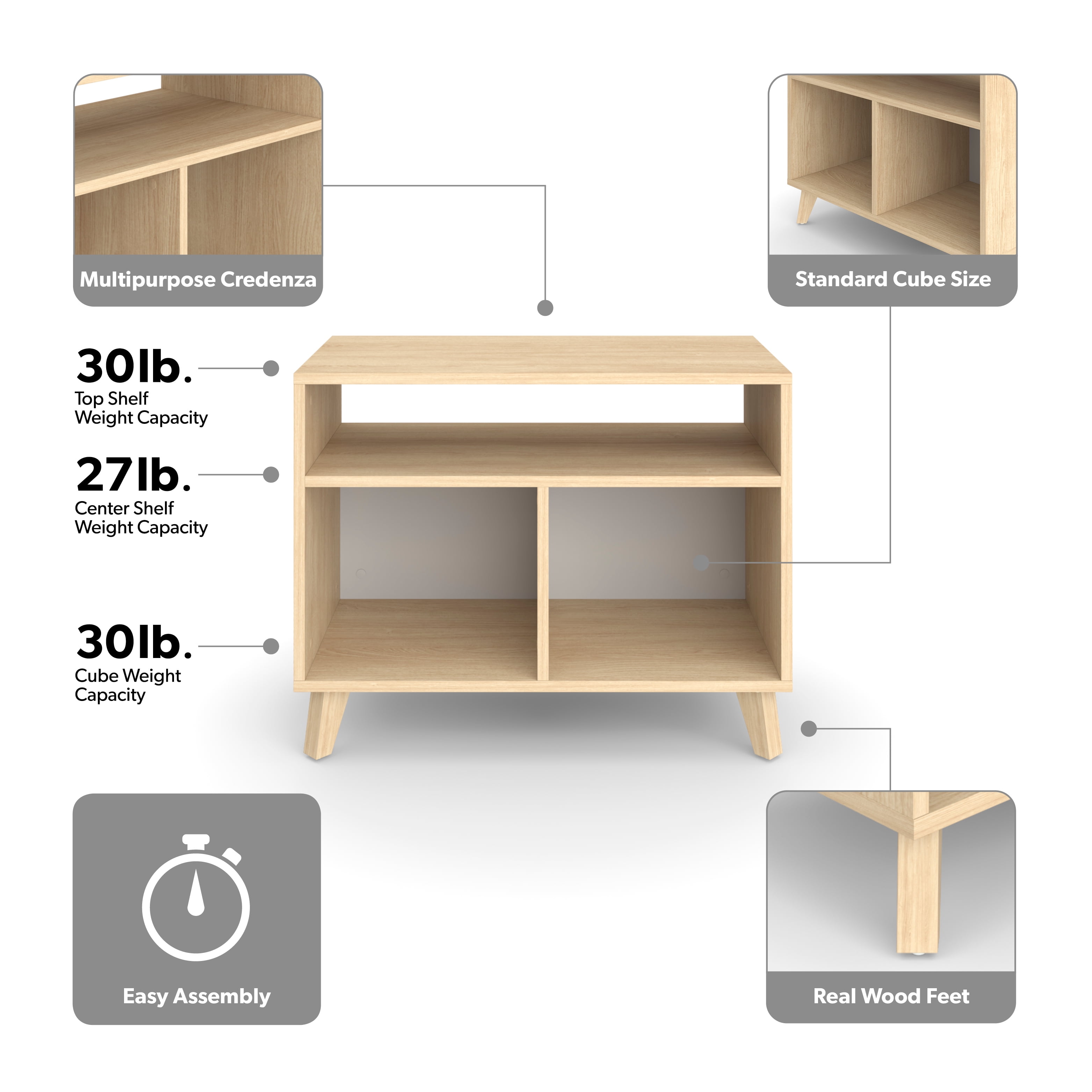 HON Basyx Commercial-Grade Modern Cube Storage Credenza, Real Wood Feet, in Teak (BSXCUBECTT)