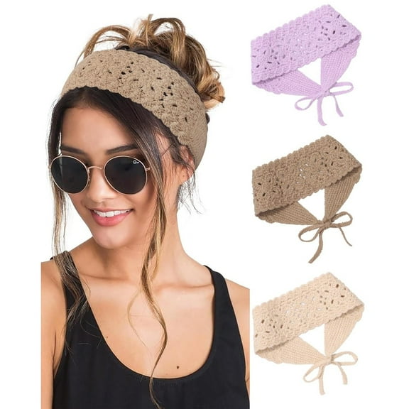3-Pack Bohemian Headbands for Women, Crochet Knit Head Wrap, Adjustable Soft Elastic Hair Band for Daily, Vacation, Festival (Light Purple, Beige, Khaki)
