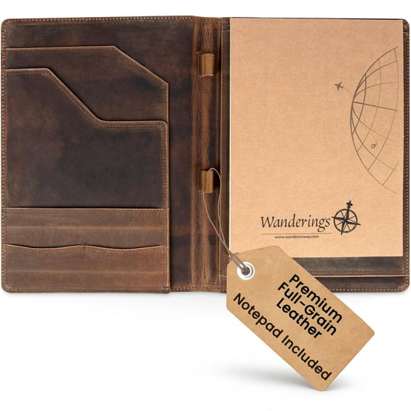 Wanderings Vintage Leather Padfolio - 10x13" - Professional Organizer and Resume Folder Antique Leather Document Portfolio with Writing Pad. Ideal Gift for Men and Women