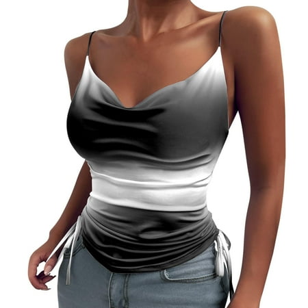 

JDEFEG Ripped Top Women Women Casual Top Summer V Neck Cami Pleated Drawstring Printing Camisole Top Chiffon Top Women Lingerie for Women Polyester Spandex Black Xxl
