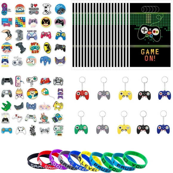 GHSDFBB 90Pcs Video Game Party Favors Set Gamer Party Bags Video Game Stickers Gaming Bracelet Silicone Controller Keychain for Kids Video Game Party Supplies Birthday Gift Goodie Bag Loot B