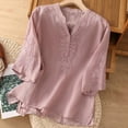 thumbnail image 2 of MIXUE Womens Summer Tops Linen Solid Color Embroidery V Neck Short Sleeve Loose Tee Shirts Outwear,Purple,XL, 2 of 9