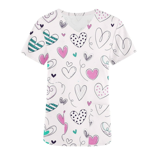 TIMIFIS Hauts de Sarrau pour Femmes Imprimés Sarrau Saint-Valentin Uniforme de Travail Manches Courtes Col en V Blouse T-shirt de Travail avec Poches - Imprimé Blanc