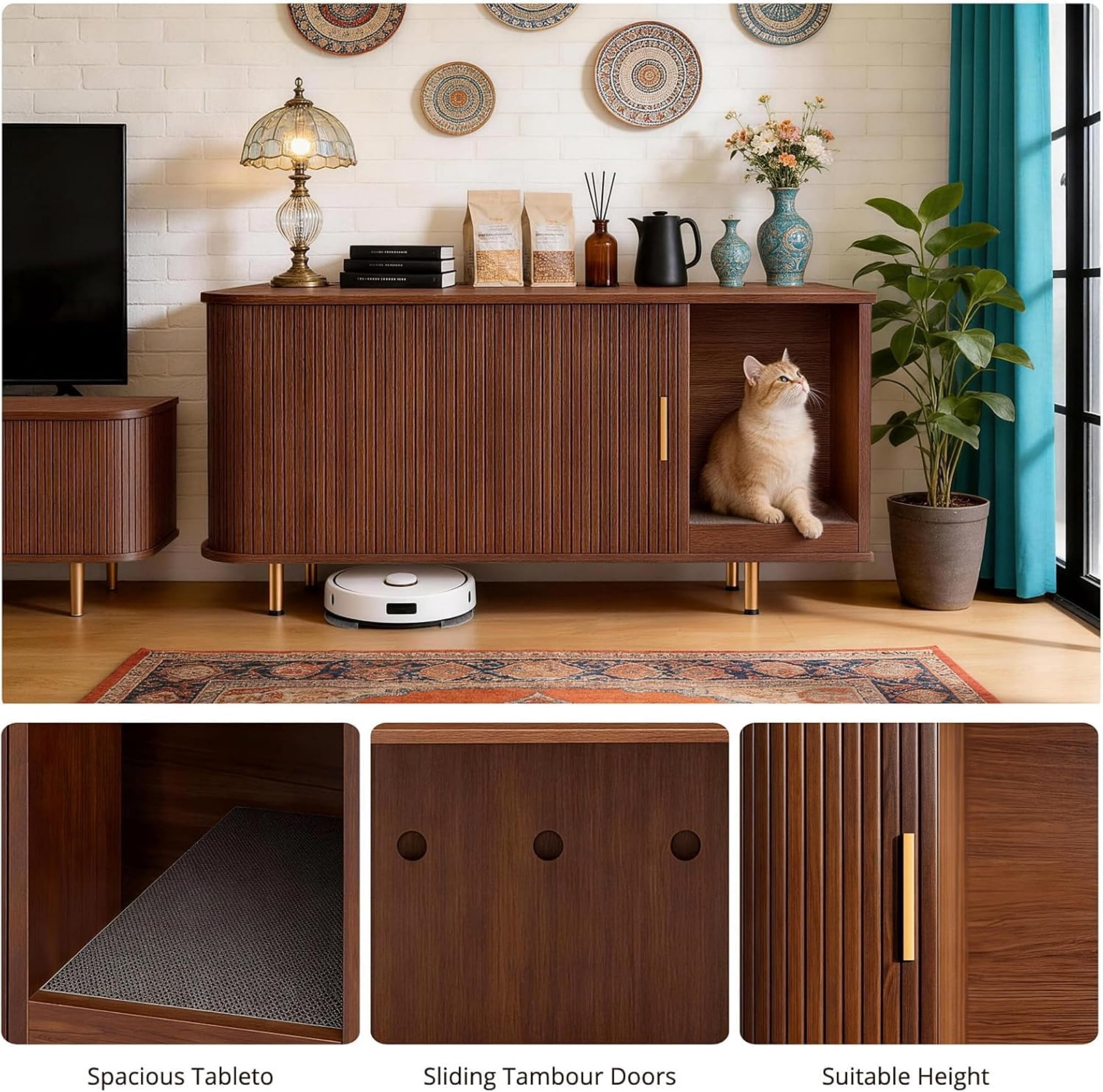 Cat Litter Box Enclosure Furniture with Sliding Door, Hidden Cat House Cabinet with Scratch Pad, Modern TV Stand Side Table, Walnut