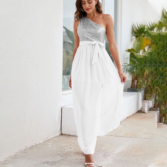 SMihono Robe Maxi Bohème d'Été pour Femmes Grande Taille Robes d'Été pour Femmes Robes à une Épaule Décontractées Fluides Haute Basse Robe Maxi à Sequins Robe de Plage