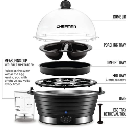 CHEFMAN - Electric Egg Cooker + Boiler, Quickly Makes 6 Eggs, BPA-Free - Black
