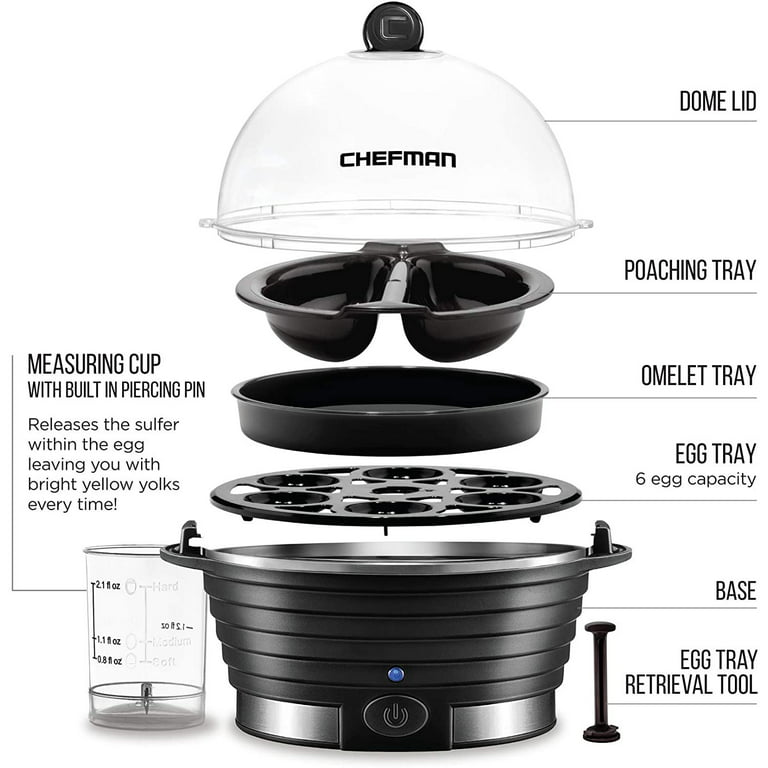 Chefman Egg-Maker Rapid Poacher, Food & Vegetable Steamer, Quickly Makes Up  to 6, Hard, Medium or Soft Boiled, Poaching/Omelet Tray Included, Ready  Signal, BPA-Free, BLACK 