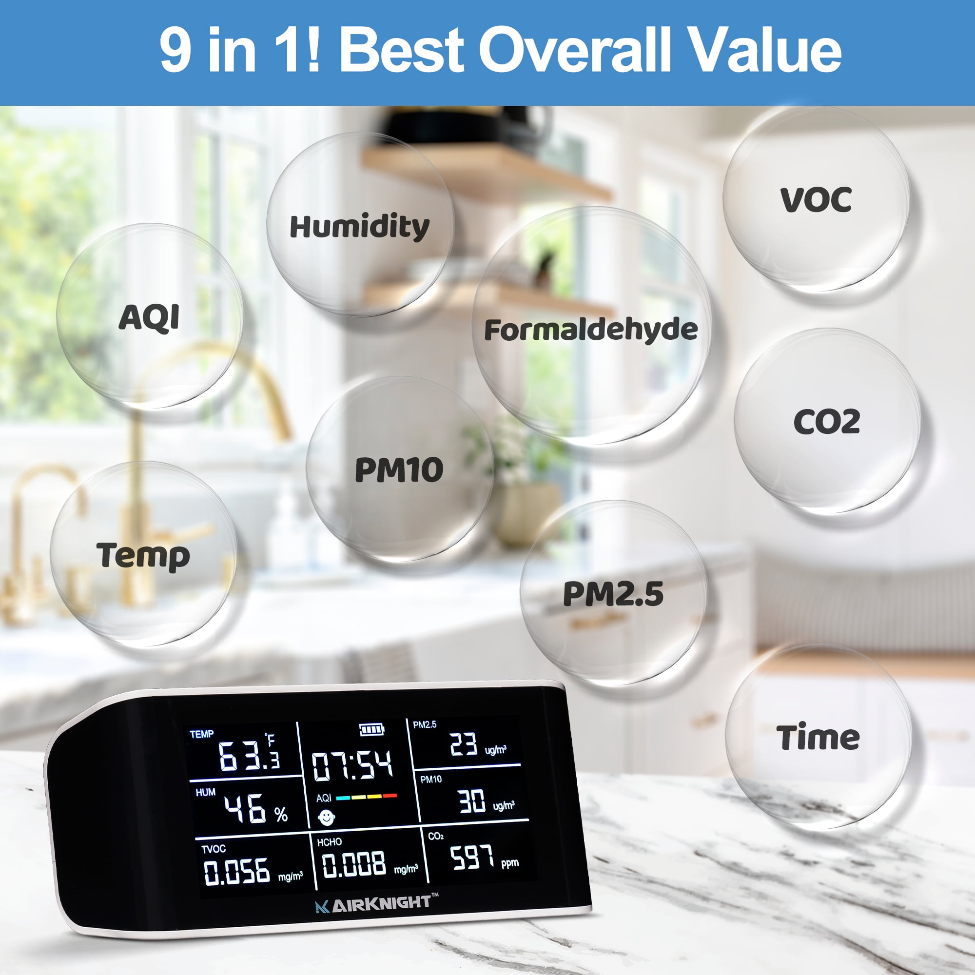 AIRKNIGHT 9-In-1 Indoor Air Quality Monitor Indoor Portable CO2 Monitor, VOC Sensor, Formaldehyde Detector, AQI, PM2.5 + 4 More Home Monitoring, Air Quality Tester – Confined Space Clean Air Monitor