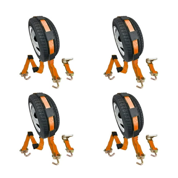 4 Pack 2"x9' Over The Wheel Tire Straps w/ Ratchet, Swivel J Hook & Rubber Blocks -  3,333 LBS WLL High Abrasion Orange Webbing - Towing Tie Down Strap for Auto Car Hauler, Truck Bed