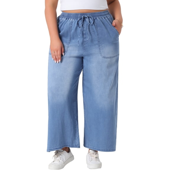 Agnes Orinda Women's Plus Size Jeans Drawstring Elastic Waist Denim Pants Casual Wide Leg Chambray Palazzo Pants with Pockets 1X Light Blue