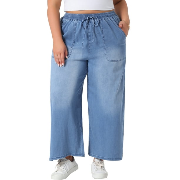 Jeans de mujer plus size Agnes Orinda con cordón, pantalones de mezclilla elásticos de cintura, pantalones palazzo anchos de chambray con bolsillos 3X azul claro